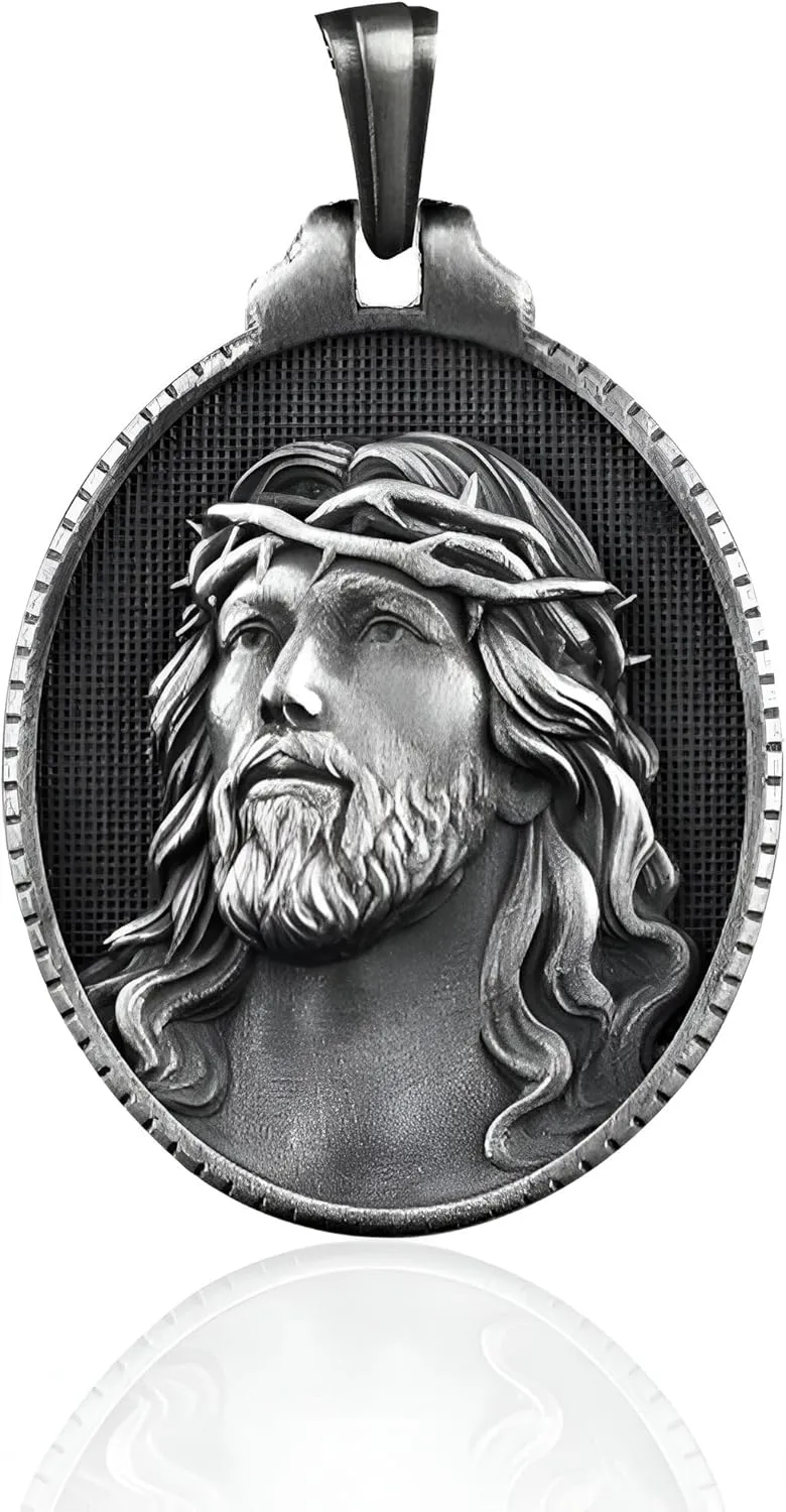 Silver Christian Jesus, St.Chistopher Mens Pendant, Christ Jesus Pendant, Religious Silver Man Pendant, Solid Silver Jesus Medallion, Church Pendant, 925K Sterling Silver Men Pendant