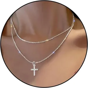 Silver Cross Necklace for Women Rhinestone Cross Necklace Dainty Silver Layered Necklace