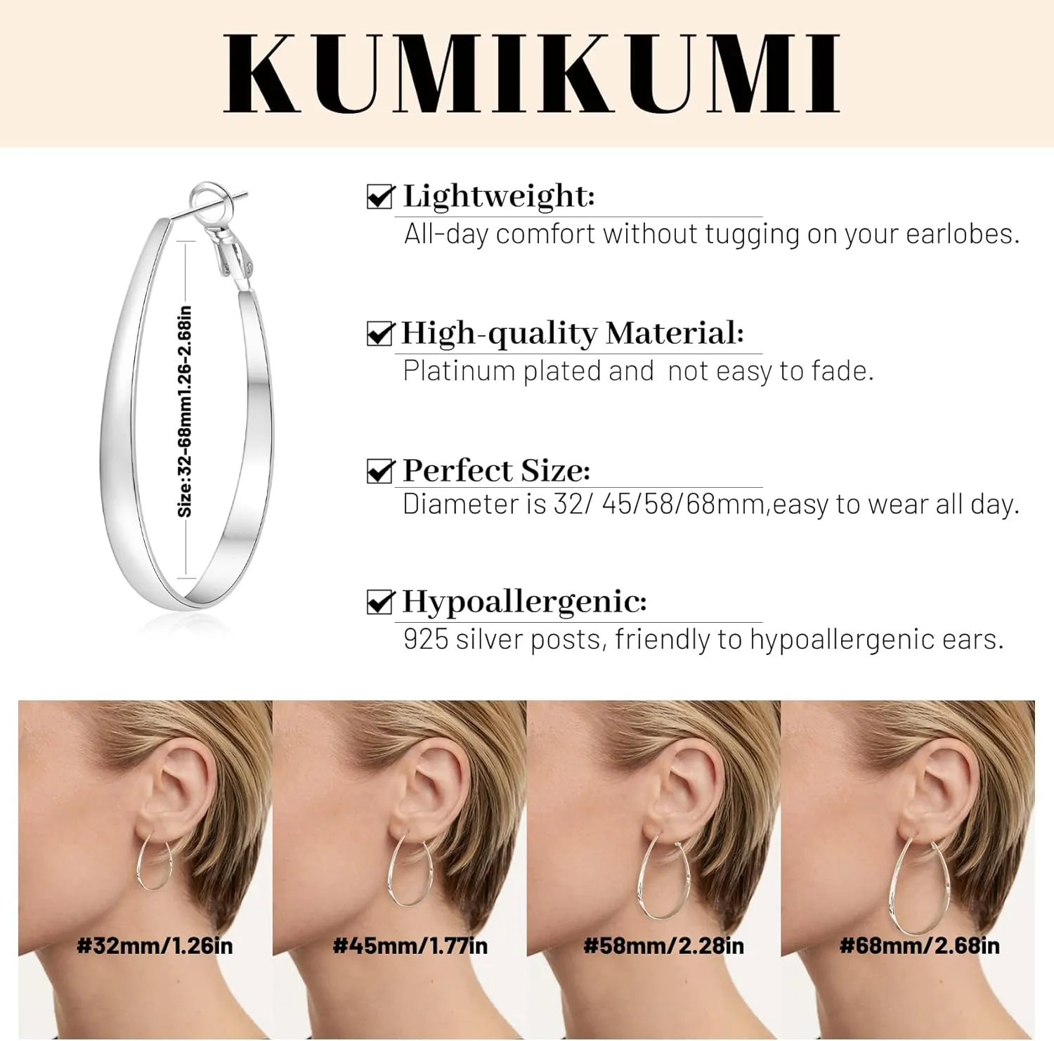 Silver Hoop Earrings for Women,Oval Lightwieght Sterling Silver Hoops Hypoallergenic Large Hoop Earrings for Women Gifts