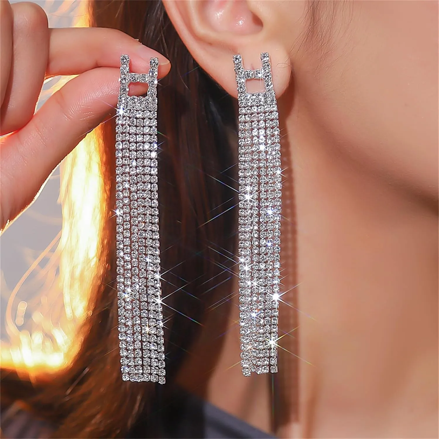 Silver Rhinestone Tassel Earrings for Women,Sparkly Long Tassel Crystal Dangle Drop Earrings Bling Prom Chandelier Earrings Wedding Party Jewerly Gifts