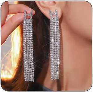 Silver Rhinestone Tassel Earrings for Women,Sparkly Long Tassel Crystal Dangle Drop Earrings Bling Prom Chandelier Earrings Wedding Party Jewerly Gifts