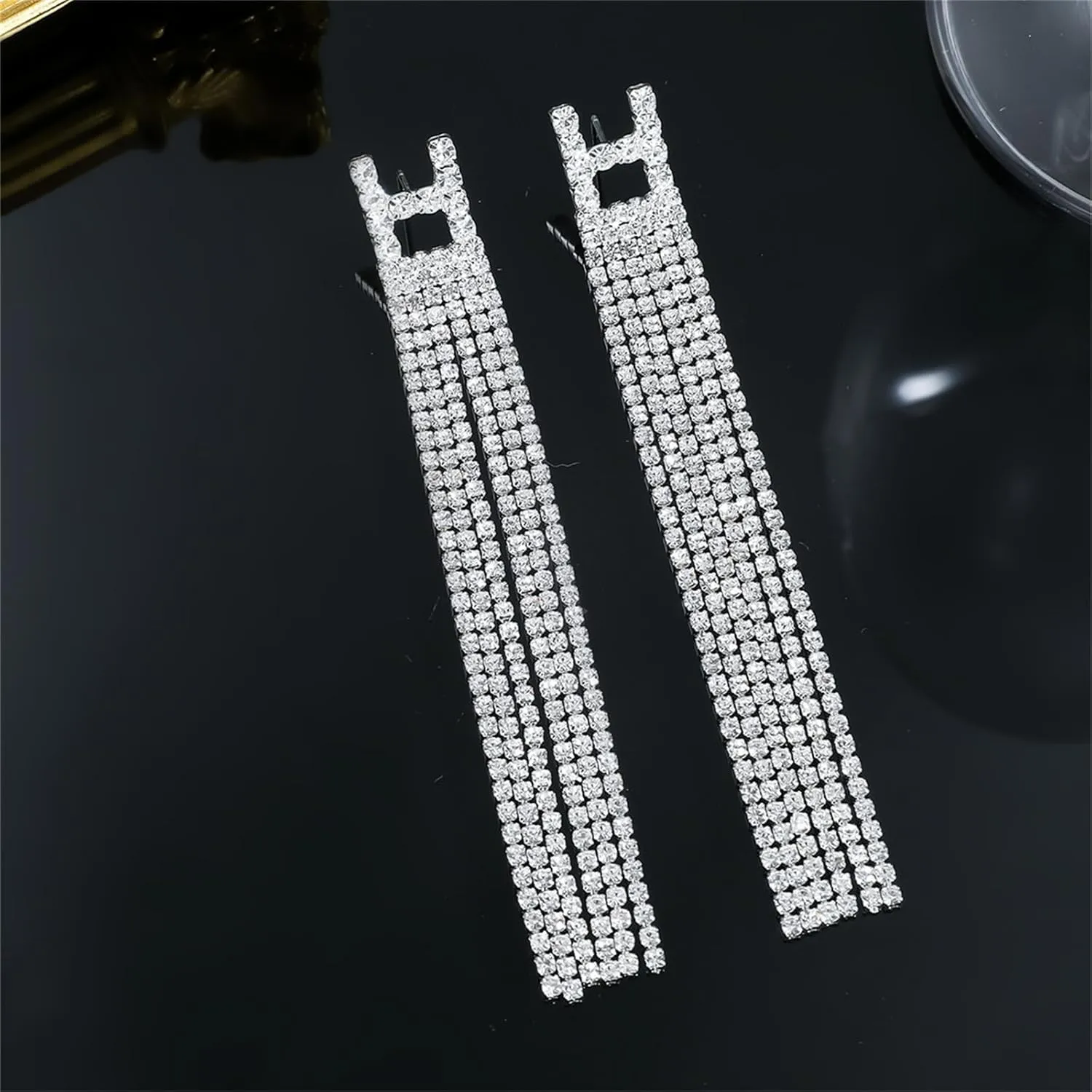 Silver Rhinestone Tassel Earrings for Women,Sparkly Long Tassel Crystal Dangle Drop Earrings Bling Prom Chandelier Earrings Wedding Party Jewerly Gifts