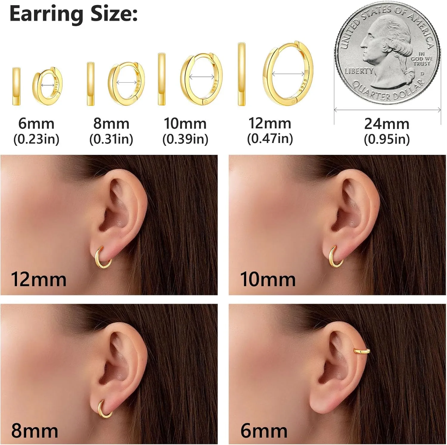 Silvora 925 Sterling Silver Small Hoop Earrings for Women Huggie Earrings Hypoallergenic Cartilage Earrings Tiny Hoops 6mm/8mm/10mm/12mm