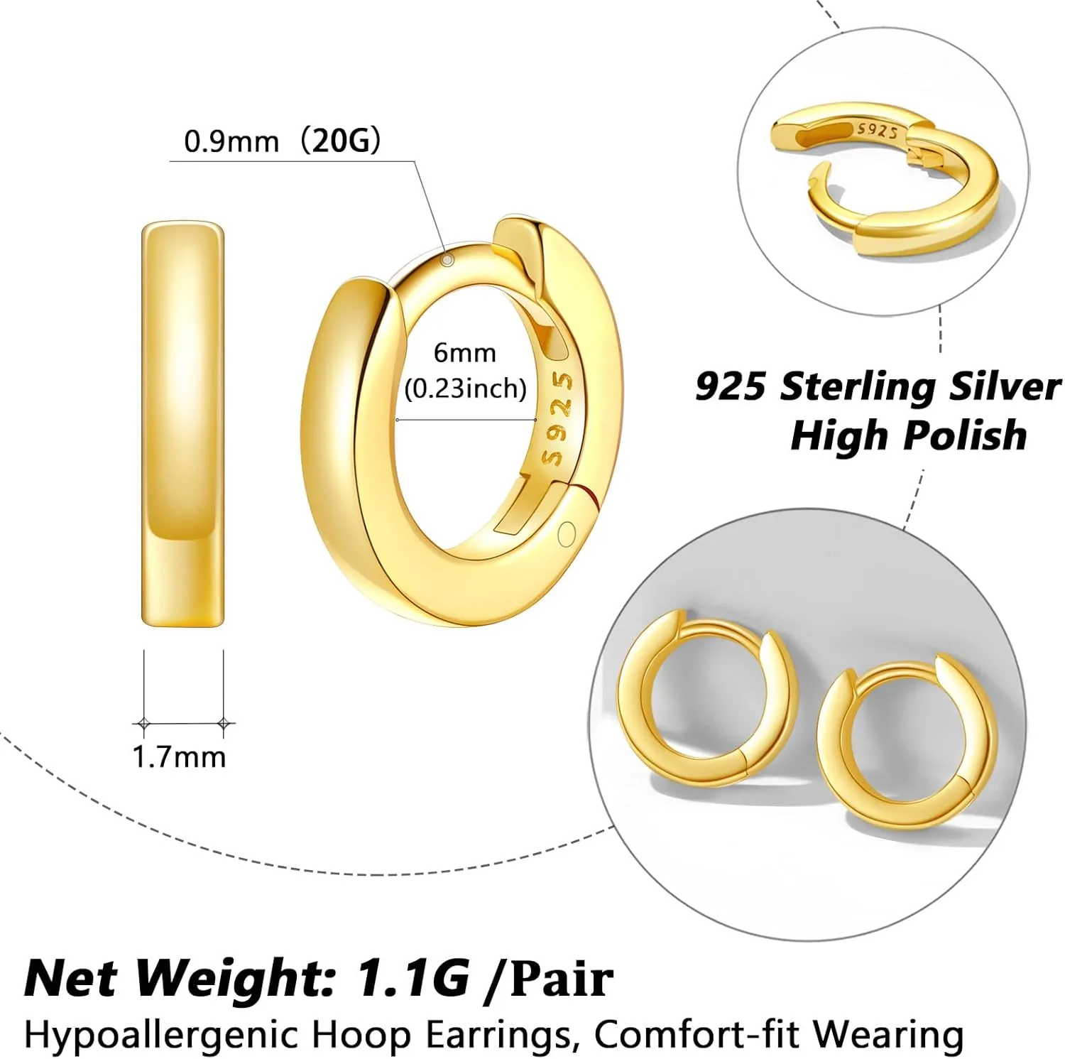 Silvora 925 Sterling Silver Small Hoop Earrings for Women Huggie Earrings Hypoallergenic Cartilage Earrings Tiny Hoops 6mm/8mm/10mm/12mm