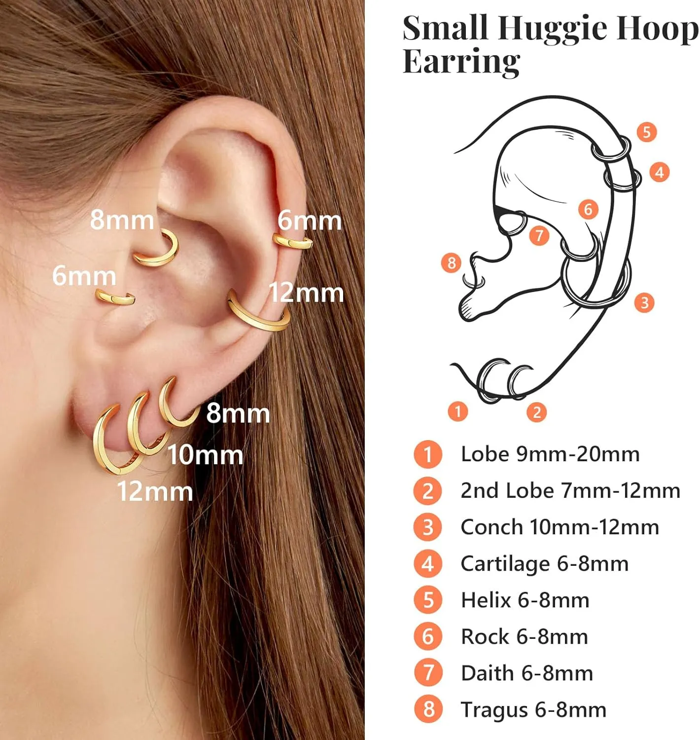 Silvora 925 Sterling Silver Small Hoop Earrings for Women Huggie Earrings Hypoallergenic Cartilage Earrings Tiny Hoops 6mm/8mm/10mm/12mm