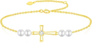 SISGEM 10k Gold Cross Bracelet for Women, Created Moissanite and Freshwater Cultured Pearl Religious Jewelry for Her, 6.8-8.4 Inches