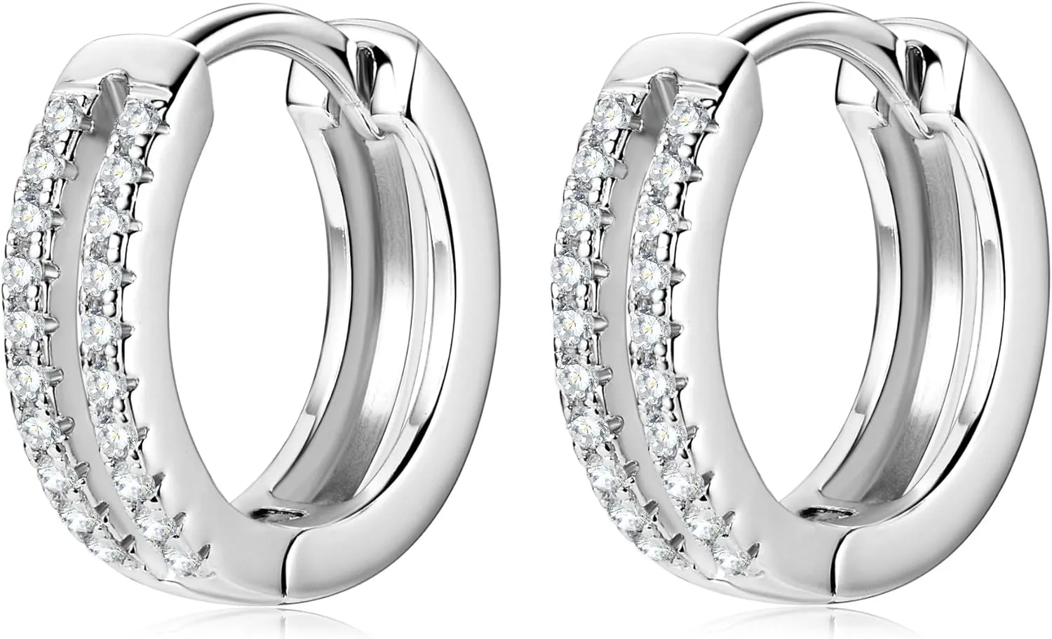 Small Hoop Earrings in 925 Sterling Silver with Dual-Row Moissanite Accents, Hypoallergenic Moissanite Huggie Hoops for Women, Diamond-Alternative Handcrafted Jewelry Gifts