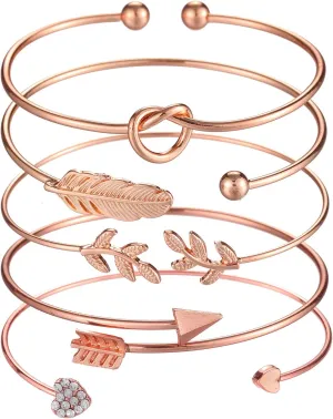 Softones 5pcs Bangle Rose Gold Bracelets for Women Heart|Olive Leaf|Arrow|Feather|Knot Heart Open Cuff Bracelet Set Adjustable