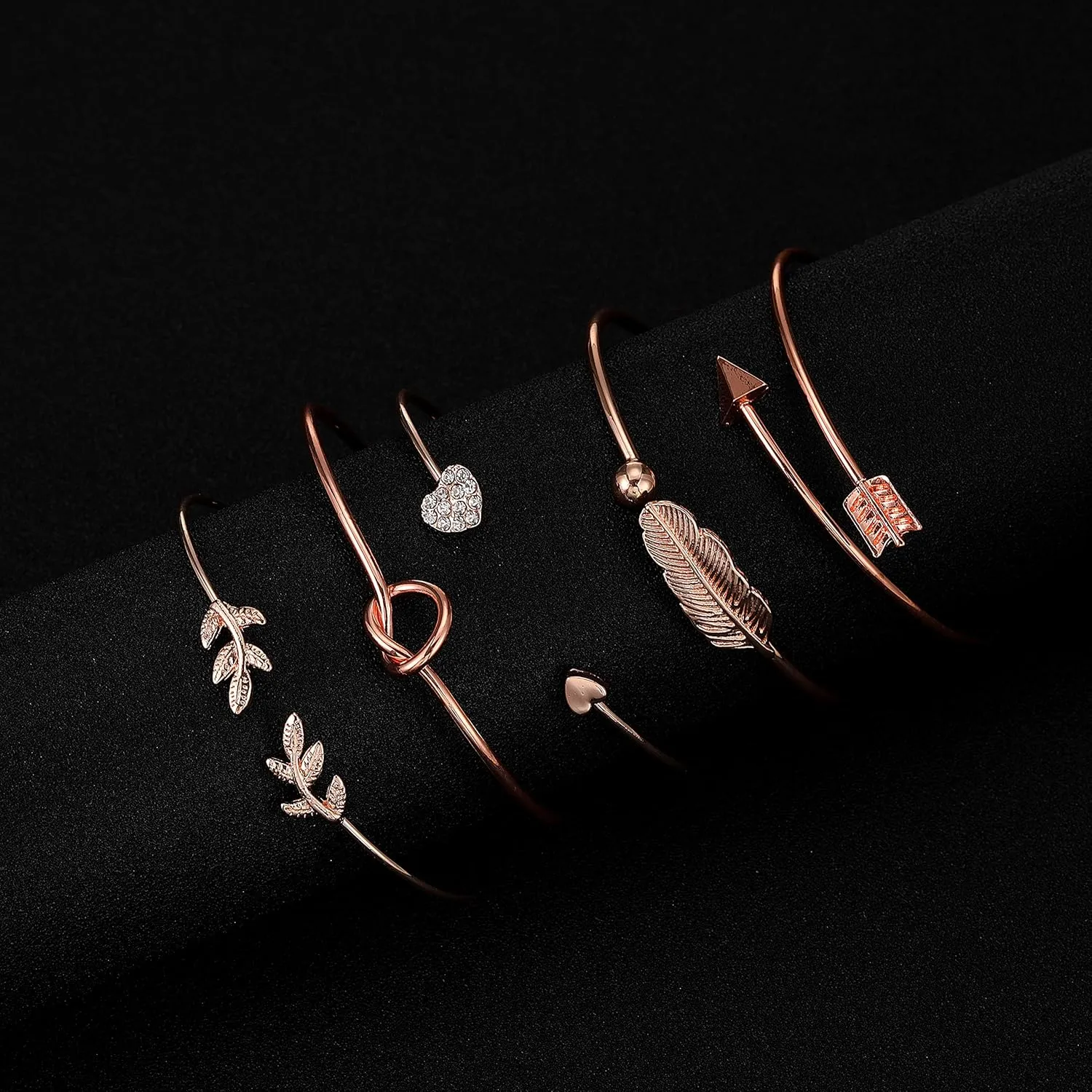 Softones 5pcs Bangle Rose Gold Bracelets for Women Heart|Olive Leaf|Arrow|Feather|Knot Heart Open Cuff Bracelet Set Adjustable