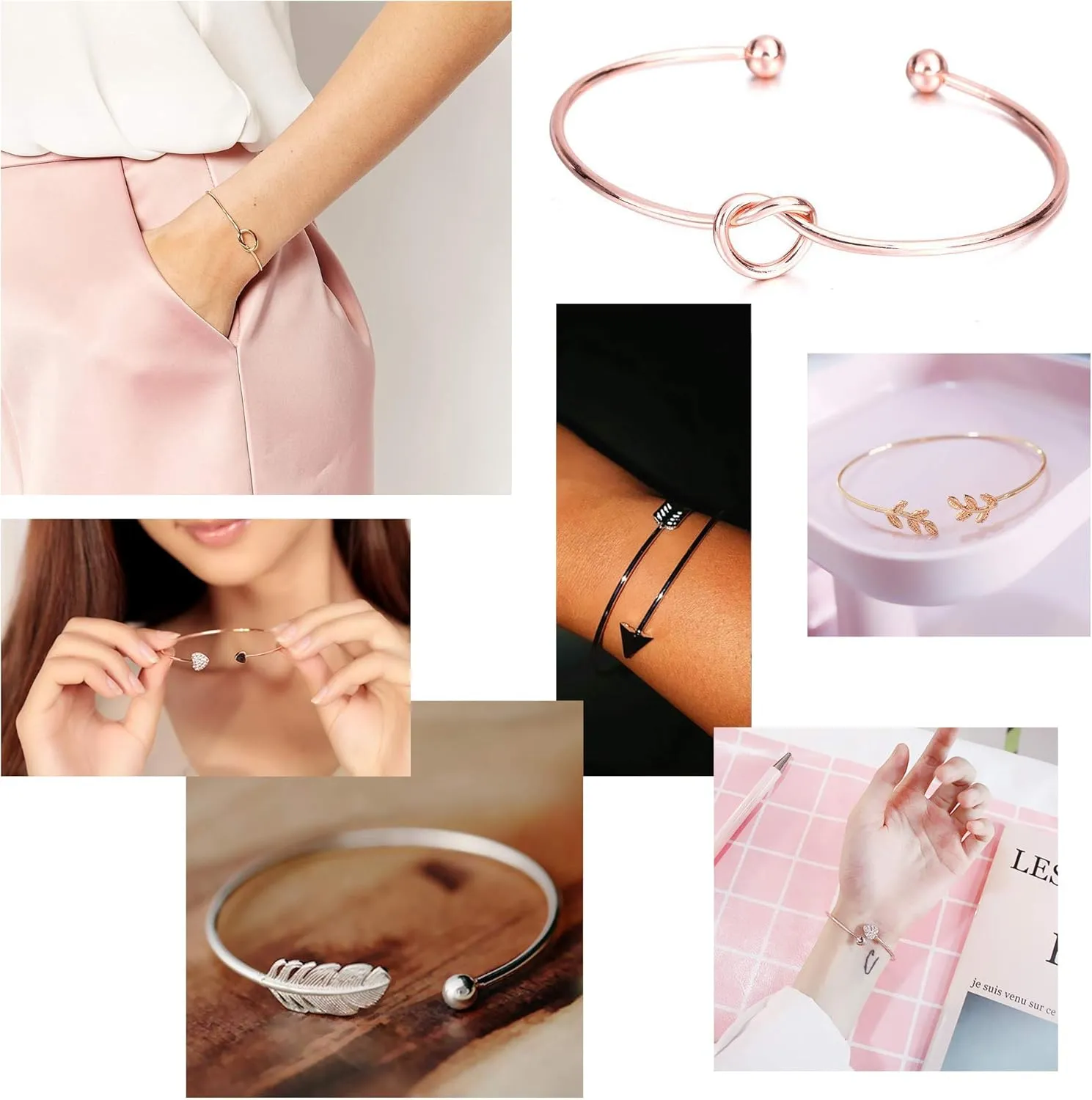 Softones 5pcs Bangle Rose Gold Bracelets for Women Heart|Olive Leaf|Arrow|Feather|Knot Heart Open Cuff Bracelet Set Adjustable