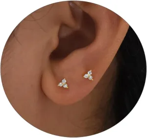 Solid 925 Sterling Silver Earrings Small 18K Gold Plated Stud Earrings for Women Trendy Hypoallergenic Cute Earrings Triple CZ Diamond Stud Earrings Cartilage Earring Everyday Jewelry Christmas Gifts