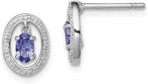 Solid Real 925 Sterling Silver Diamond and Tanzanite Blue December Gemstone Oval Post Studs Earrings - 10mm x 8mm (.01 cttw.)