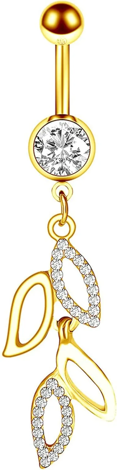 Stainless Steel Hoop Belly Button Rings, Crystal Hoop Navel Rings for Women Leaves Shaped Gold Navel Piercing