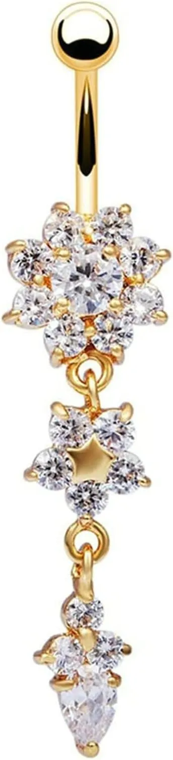 Stainless Steel Hoop Belly Button Rings, Crystal Silver Navel Rings for Women Flower Pendant Gold Navel Piercing