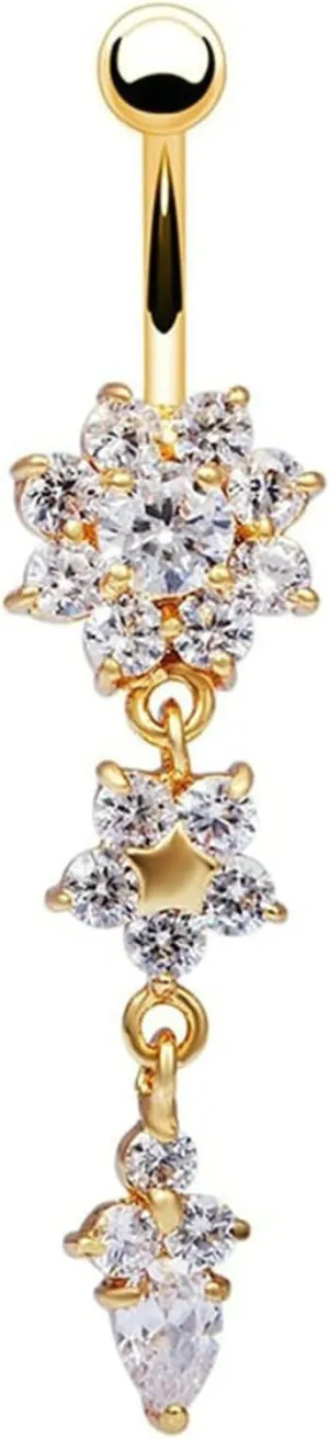 Stainless Steel Hoop Belly Button Rings, Crystal Silver Navel Rings for Women Flower Pendant Gold Navel Piercing