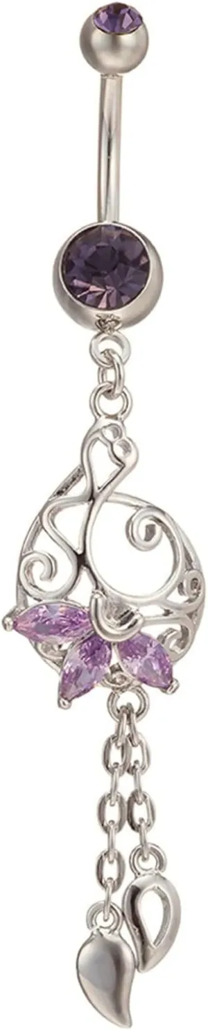 Stainless Steel Hoop Belly Button Rings, Crystal Spiral Navel Rings for Women Hollow Long Teardrop Silver Navel Piercing