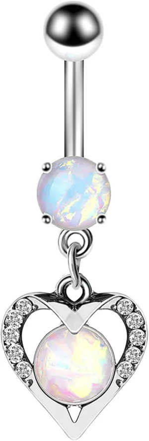 Stainless Steel Hoop Belly Button Rings, Crystal Surgical Steel Navel Rings for Women Heart And Opal Silver Belly Ring