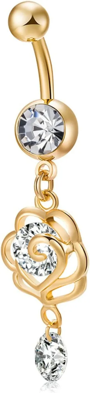 Stainless Steel Hoop Belly Button Rings, Crystal Surgical Steel Navel Rings for Women Hollow Flower Gold Navel Ring