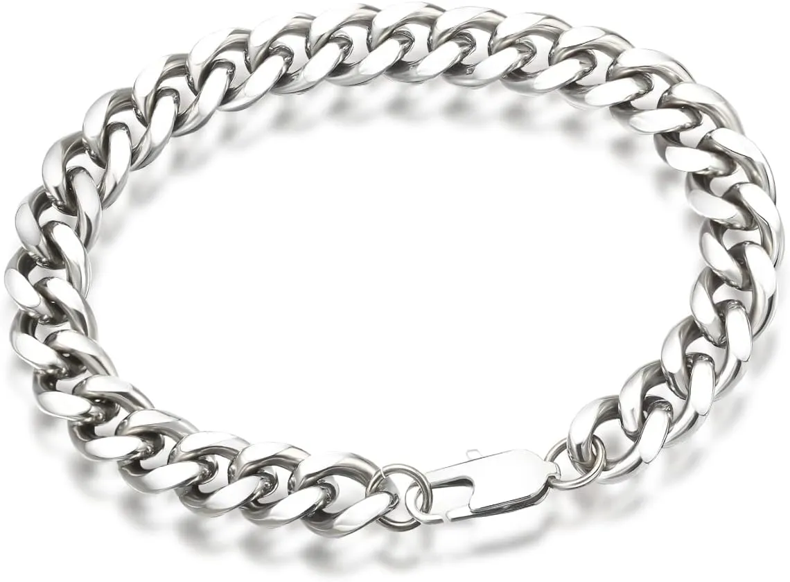 Stainless Steel/Titanium Black/Blue/Brown/Gold/Silver & Brushed Texture Cuban Chain Necklaces/Bracelets for Men Women, Nickel-Free, Hypoallergenic Jewelry 7mm/8mm/9mm/10mm/15mm Bracelet Length 7.8''/8.6"/9'',Necklace Length 20.5"