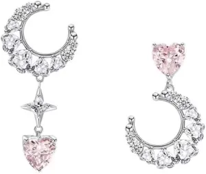 Star Moon Stud Earrings with Zircons Inlaid, Curvy Moon Stud Earrings with Pink Zircon Gemstones Inlaid Heart Drop Earrings Minimalist Common Luxury Asymmetrical Style Gift for Women