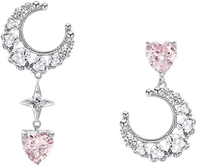 Star Moon Stud Earrings with Zircons Inlaid, Curvy Moon Stud Earrings with Pink Zircon Gemstones Inlaid Heart Drop Earrings Minimalist Common Luxury Asymmetrical Style Gift for Women