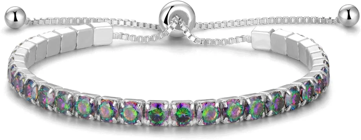 Sterling Silver Birthstone Tennis Bracelets for Women 4mm Tennis Bolo Bracelet Fashion Jewelry Birthday Gifts for Women Wife Mom Her | Adjustable Size 9"