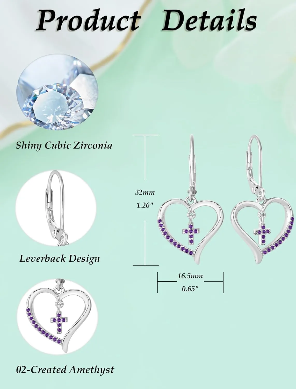 Sterling Silver Cross Earring for Women Heart Dangle Drop Earrings Religious Birthstone Jewelry Gift