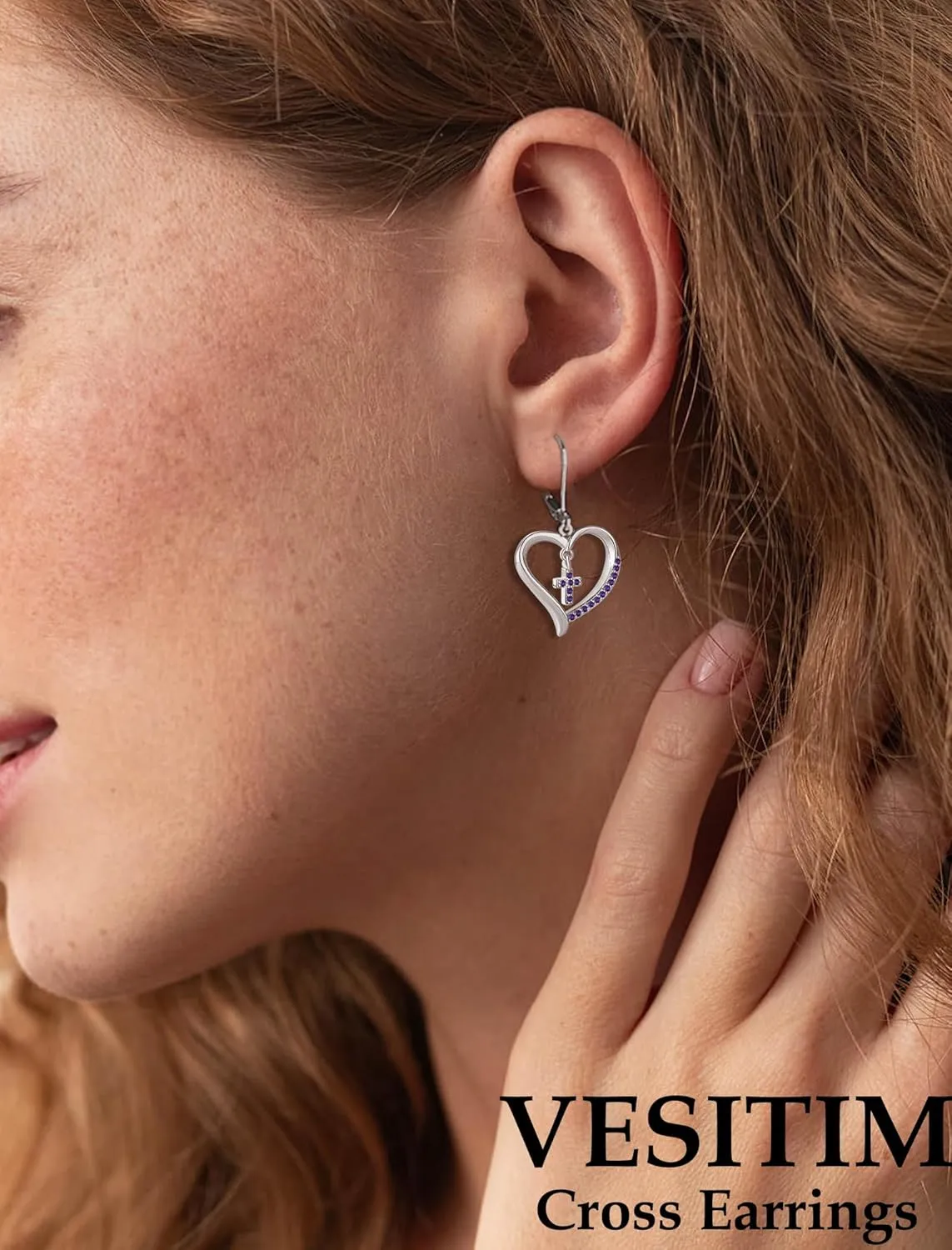 Sterling Silver Cross Earring for Women Heart Dangle Drop Earrings Religious Birthstone Jewelry Gift