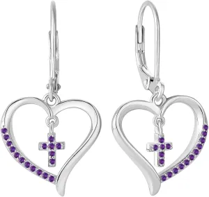 Sterling Silver Cross Earring for Women Heart Dangle Drop Earrings Religious Birthstone Jewelry Gift