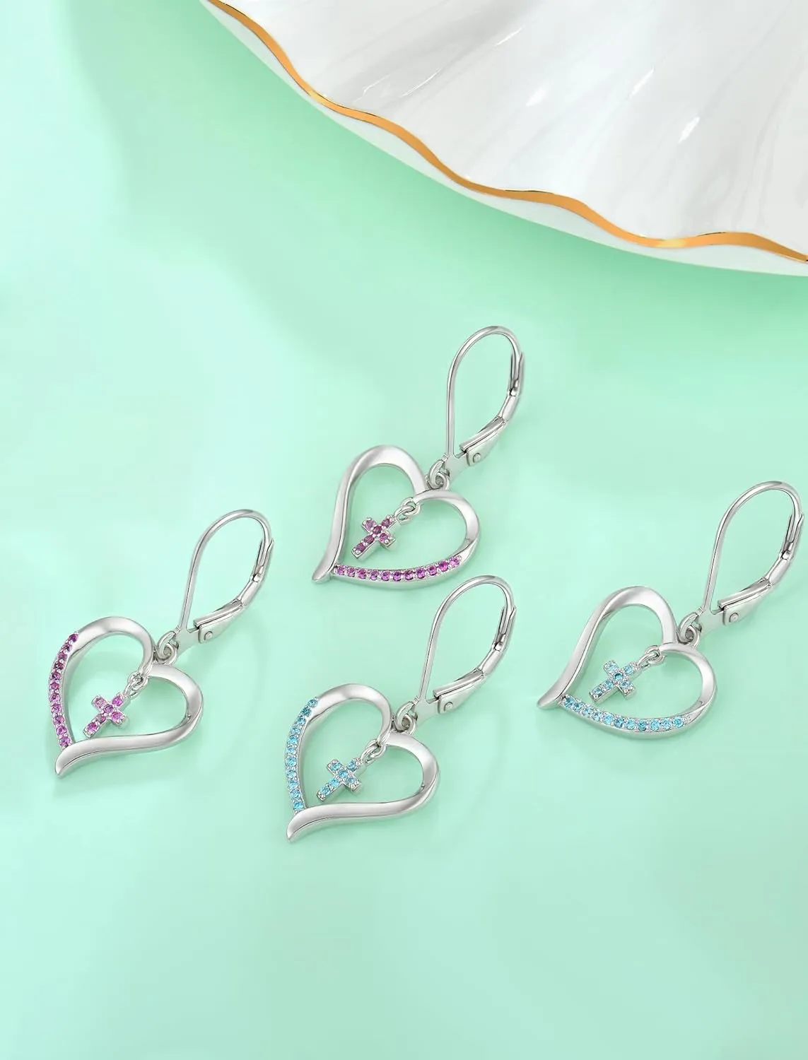 Sterling Silver Cross Earring for Women Heart Dangle Drop Earrings Religious Birthstone Jewelry Gift