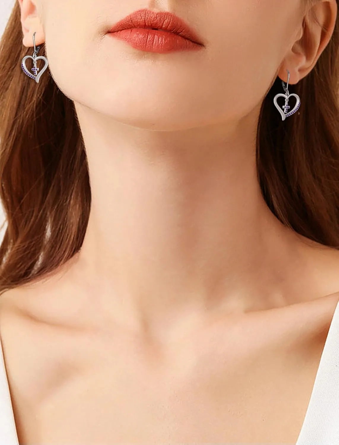 Sterling Silver Cross Earring for Women Heart Dangle Drop Earrings Religious Birthstone Jewelry Gift