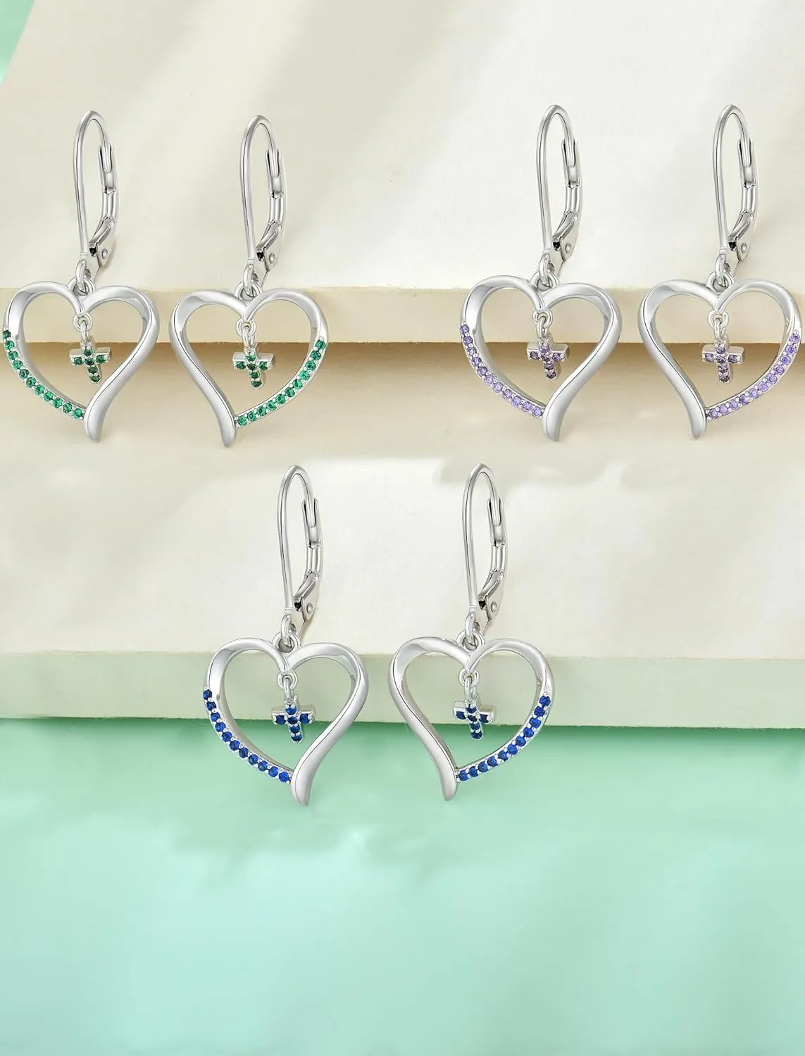 Sterling Silver Cross Earring for Women Heart Dangle Drop Earrings Religious Birthstone Jewelry Gift