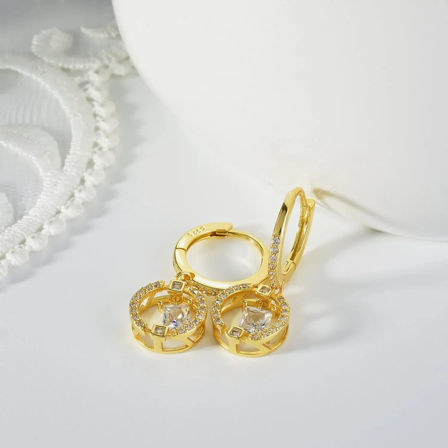 Sterling Silver Hoop Dangle Earrings for Women Gold Plated Hypoallergenic Charms Earring Dainty Jewelry with Cubic Zirconia Fashion Birthday Gift for Women