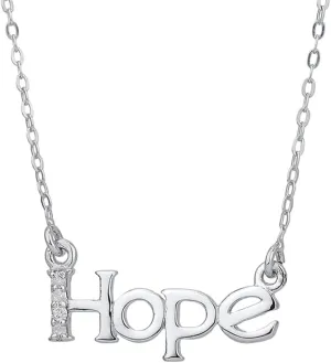 Sterling Silver Jewelry - Rhodium Plated with 925 Stamp - Hope Word Pendant Necklace with Natural Diamond - Handcrafted for Women - 16" long   2" extender
