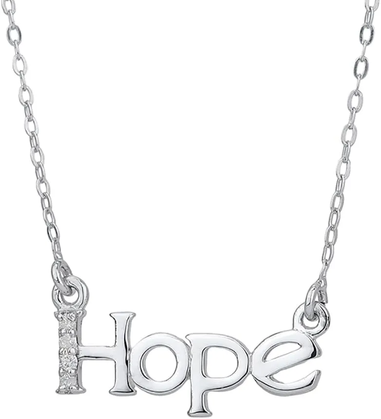 Sterling Silver Jewelry - Rhodium Plated with 925 Stamp - Hope Word Pendant Necklace with Natural Diamond - Handcrafted for Women - 16" long   2" extender