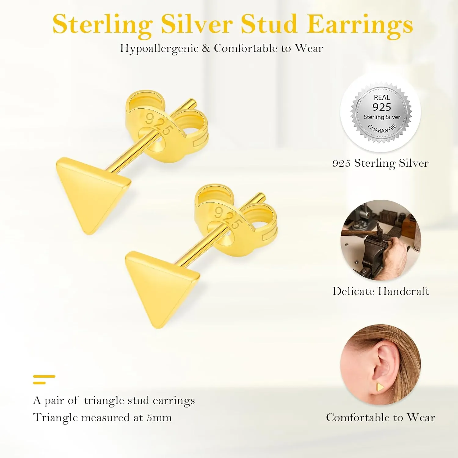 Stud Earrings for Women, 18k Gold Plated Sterling Silver Ball, Dot, Heart, Triangle, Moon, Daisy Flower, Hypoallergenic Post Earrings