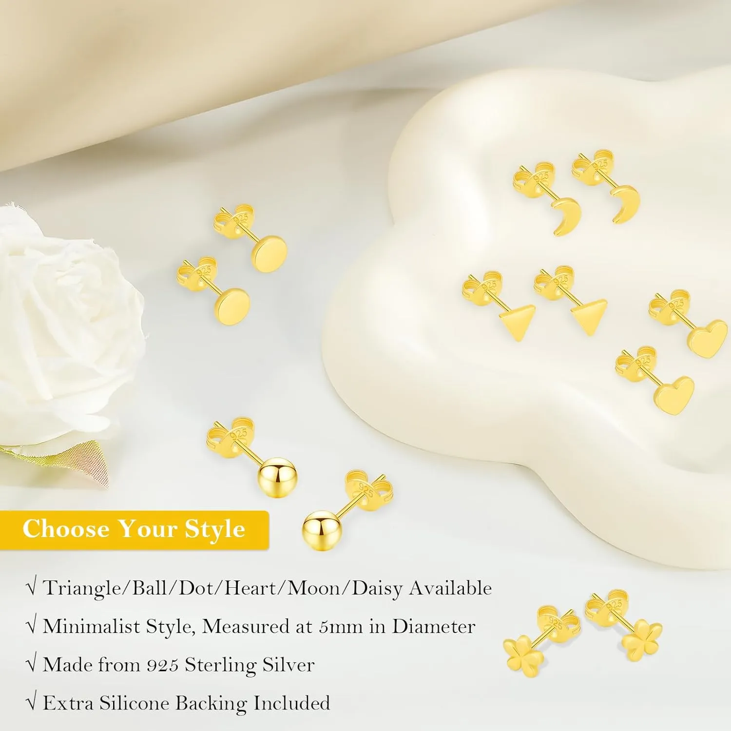 Stud Earrings for Women, 18k Gold Plated Sterling Silver Ball, Dot, Heart, Triangle, Moon, Daisy Flower, Hypoallergenic Post Earrings