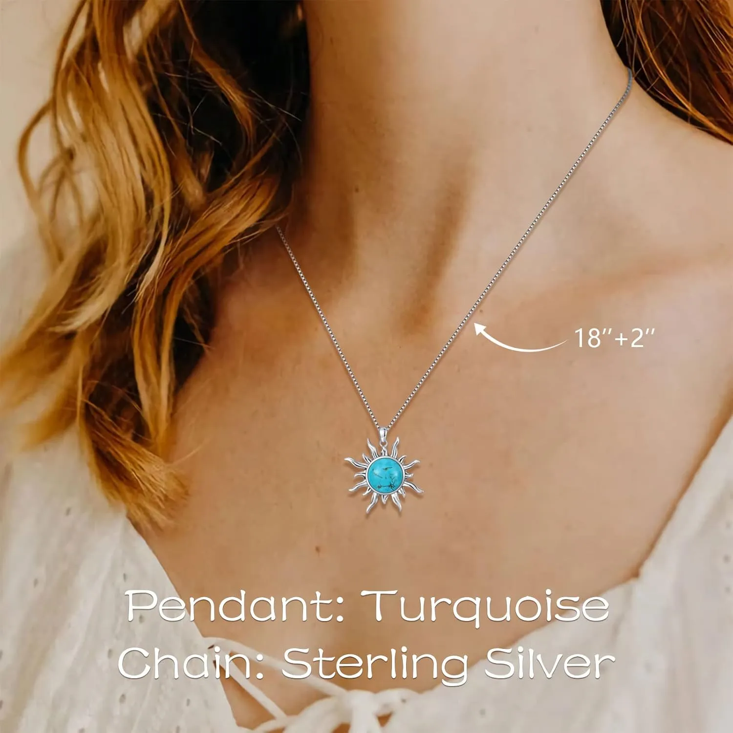 Sun Turquoise Pendant Necklace, 925 Sterling Silver Genuine Gemstones Western Jewelry Gift for Women