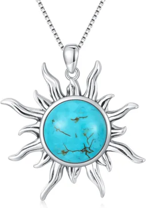 Sun Turquoise Pendant Necklace, 925 Sterling Silver Genuine Gemstones Western Jewelry Gift for Women