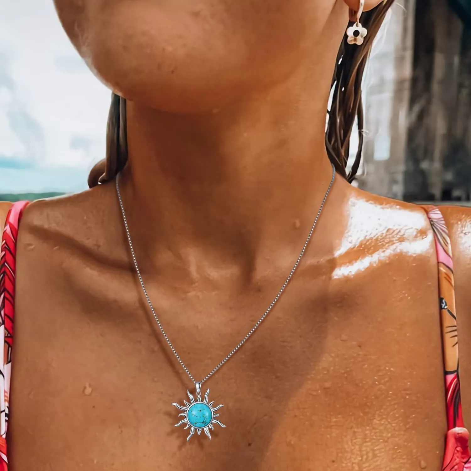 Sun Turquoise Pendant Necklace, 925 Sterling Silver Genuine Gemstones Western Jewelry Gift for Women