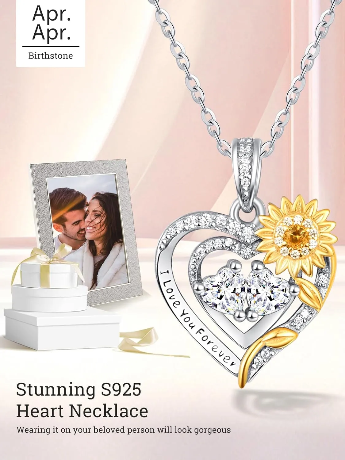 Sunflower Heart Necklaces for Women Mother, Gold I Love You Forever Jewelry with 2 Birthstones Pendant, Anniversary Birthday Gifts for Her Wife Girlfriend, 18 2 Inch Chain