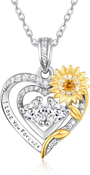 Sunflower Heart Necklaces for Women Mother, Gold I Love You Forever Jewelry with 2 Birthstones Pendant, Anniversary Birthday Gifts for Her Wife Girlfriend, 18 2 Inch Chain