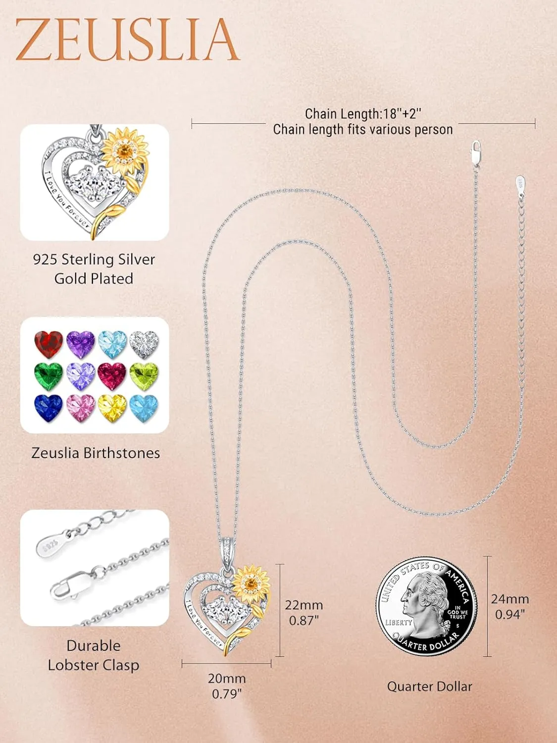 Sunflower Heart Necklaces for Women Mother, Gold I Love You Forever Jewelry with 2 Birthstones Pendant, Anniversary Birthday Gifts for Her Wife Girlfriend, 18 2 Inch Chain