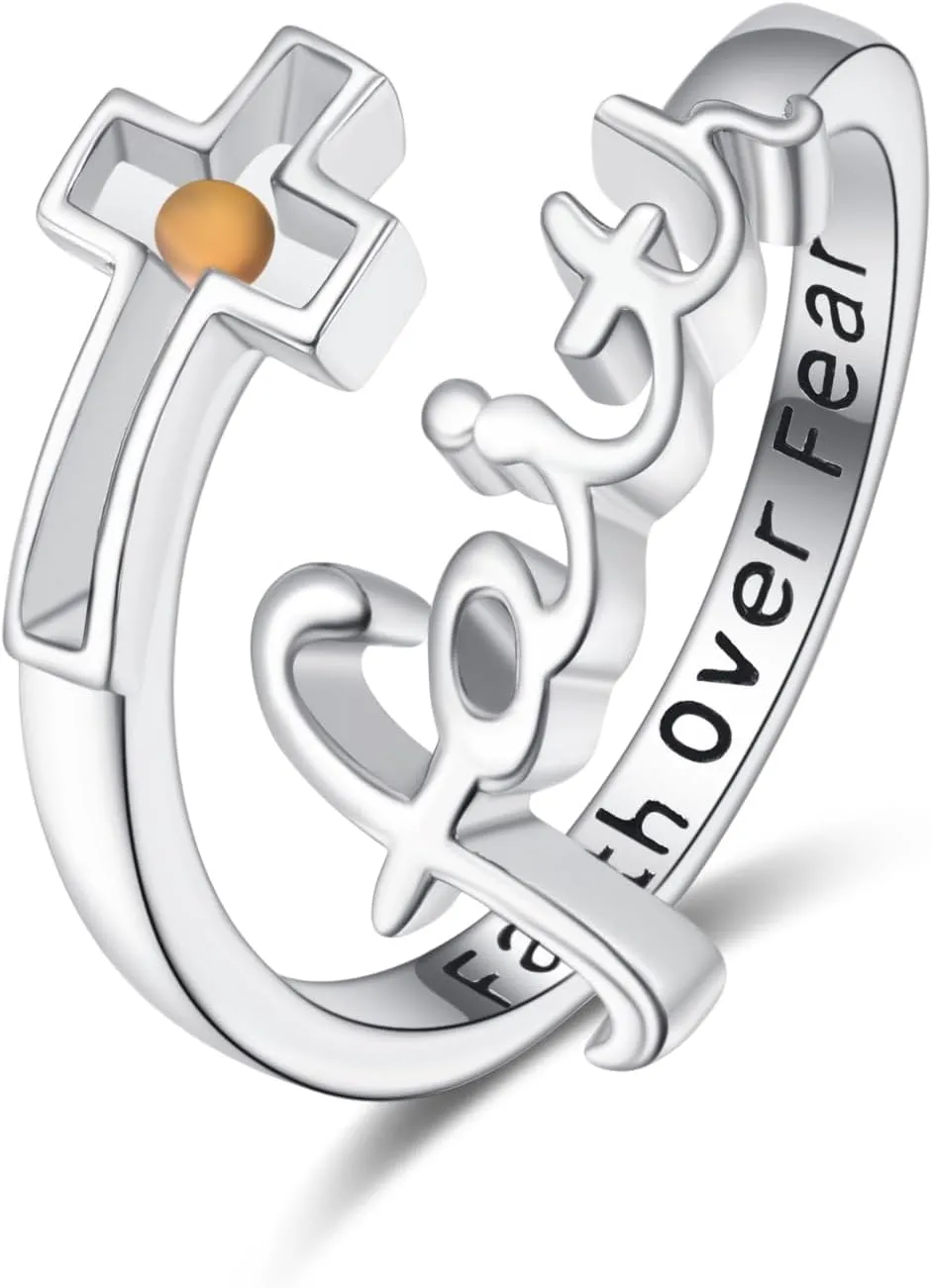 TANGPOET Faith Cross Ring for Women Men 925 Sterling Silver Adjustable Open Finger Thumb Rings Mustard Seed Religious Christian Jewelry Inspirational Encouragement Gifts for Birthday Christmas