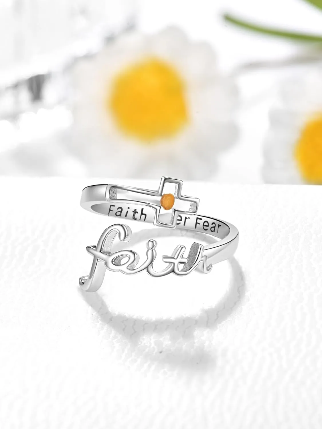 TANGPOET Faith Cross Ring for Women Men 925 Sterling Silver Adjustable Open Finger Thumb Rings Mustard Seed Religious Christian Jewelry Inspirational Encouragement Gifts for Birthday Christmas