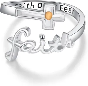 TANGPOET Faith Cross Ring for Women Men 925 Sterling Silver Adjustable Open Finger Thumb Rings Mustard Seed Religious Christian Jewelry Inspirational Encouragement Gifts for Birthday Christmas