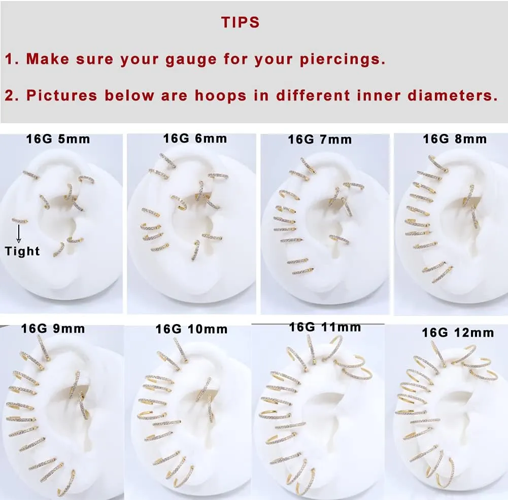 TDEBA 20G 18G 16G Clear CZ Nose Rings Hoop, 316L Surgical Steel Cartilage Earrings Hoop, 5-12mm Daith Helix Rook Tragus Piercing Jewelry, Stainless Steel Earring Silver Conch Piercing Jewelry