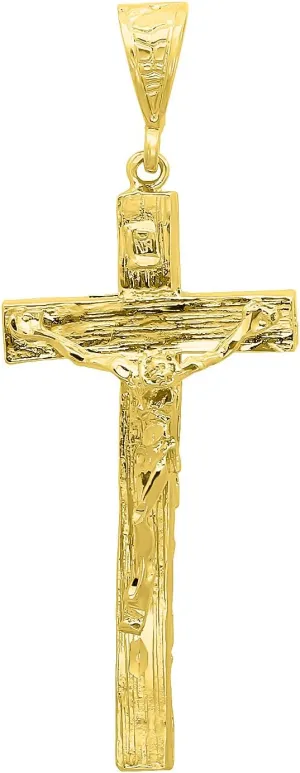 The Bling Factory Large 14K Gold Plated Wood-Textured Jesus Crucifix Cross Pendant with INRI Plaque  (1.5" x 2.5")