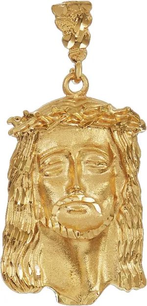 The Bling Factory Large 1" x 2" 14k Gold Plated Jesus Piece Pendant with Crown of Thorns - Religious Christian Jewelry, Hip Hop Style Jesus Face Necklace Charm for Men and Women