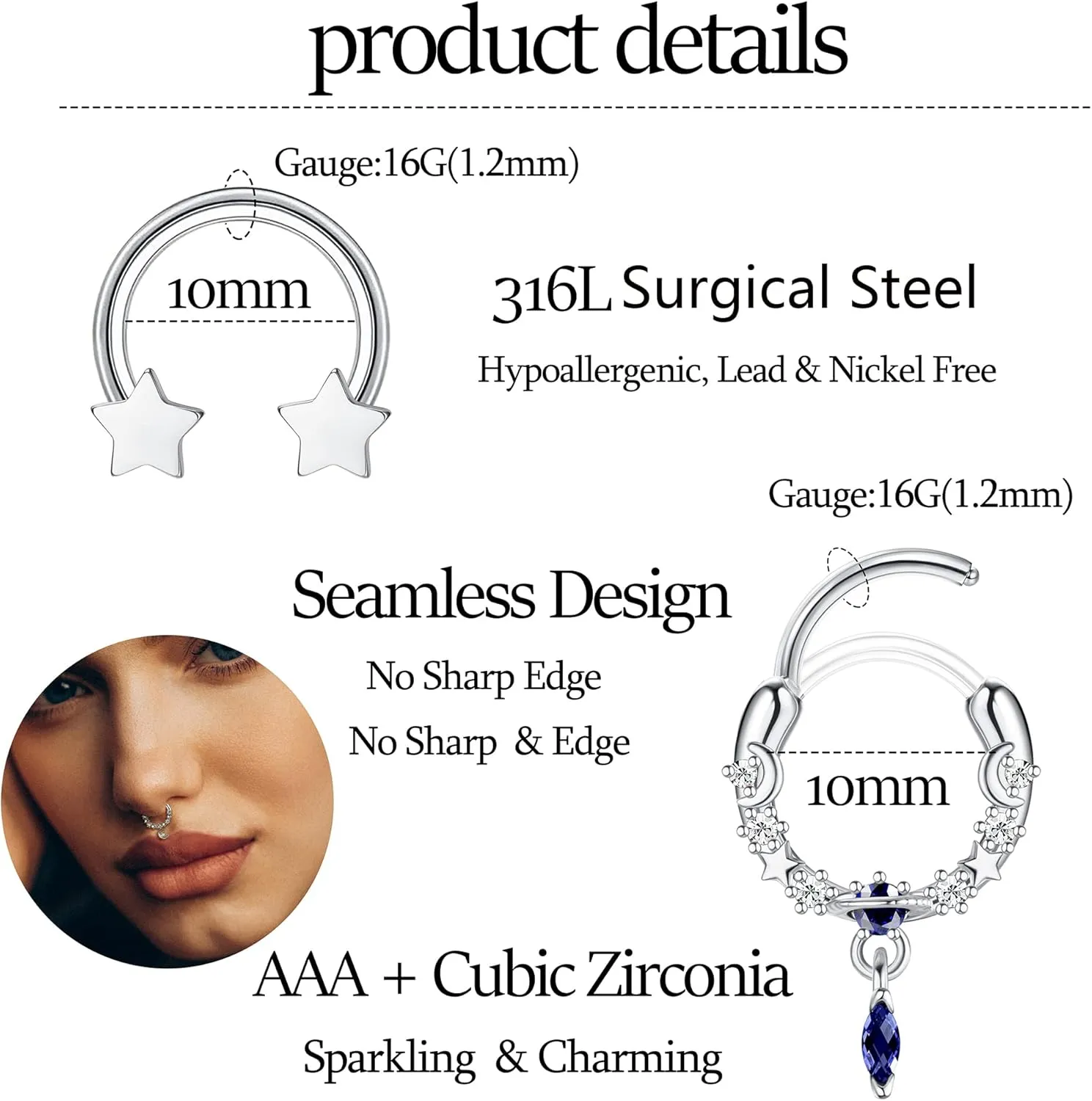 THUNARAZ 16G 10MM Septum Rings for Women Men Surgical Steel Septum Jewelry Horseshoe Hoop Septum Piercing Jewelry